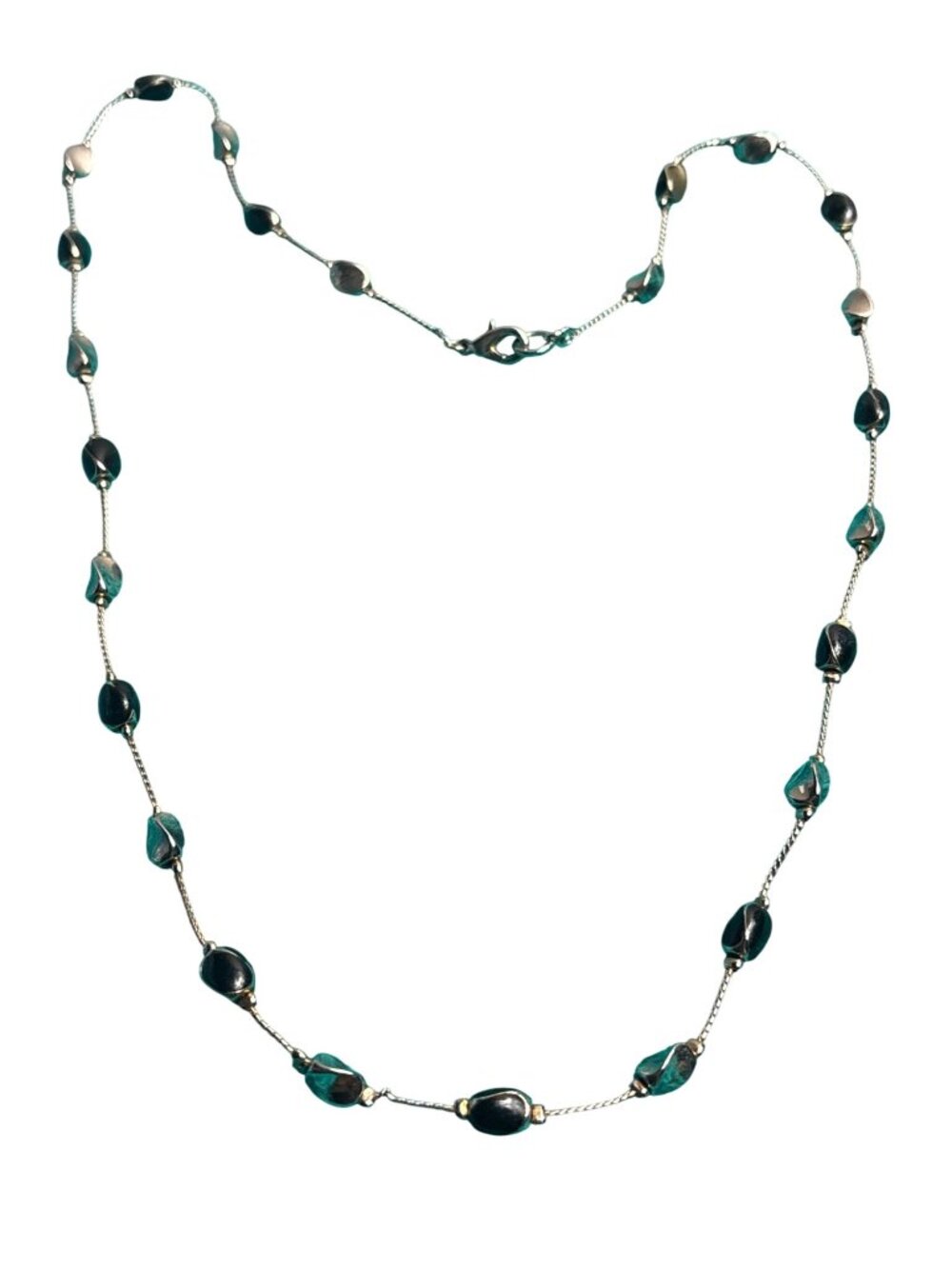 Vtg 90s Silvertone Station Beaded Chain Necklace Black Enamel Lobster Clasp